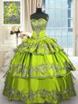 Fantastic Sweetheart Sleeveless Sweet 16 Dress Floor Length Embroidery and Ruffled Layers Yellow Green Taffeta