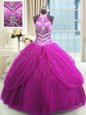 Vintage Sleeveless Floor Length Beading Lace Up Quinceanera Gowns with Fuchsia
