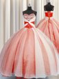 Elegant Orange Red Organza Lace Up Sweet 16 Dress Sleeveless Floor Length Beading and Sequins and Ruching