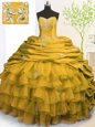 Pick Ups Ruffled With Train Ball Gowns Sleeveless Gold Vestidos de Quinceanera Brush Train Lace Up