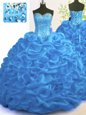 Noble Sweetheart Sleeveless Brush Train Lace Up Sweet 16 Quinceanera Dress Blue Organza