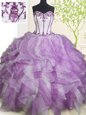 Unique White And Purple Ball Gowns Beading and Ruffles Sweet 16 Quinceanera Dress Lace Up Organza Sleeveless Floor Length