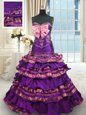 Purple Sleeveless Brush Train Appliques and Ruffled Layers and Bowknot Quinceanera Dresses