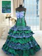 Great Dark Green Sleeveless Appliques and Embroidery and Ruffled Layers and Bowknot Lace Up Sweet 16 Dresses