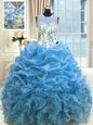 Scoop Floor Length Baby Blue Quinceanera Gown Organza Sleeveless Beading and Ruffles