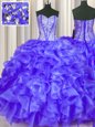 Excellent Purple Lace Up Sweetheart Beading and Ruffles Sweet 16 Dress Organza Sleeveless