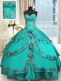 Artistic Beading and Embroidery and Ruffled Layers Ball Gown Prom Dress Turquoise Lace Up Sleeveless Floor Length