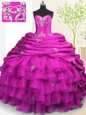 High End Sleeveless Organza and Taffeta With Brush Train Lace Up 15 Quinceanera Dress in Fuchsia for with Beading and Appliques and Ruffled Layers and Pick Ups