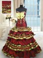 High End Wine Red Taffeta Lace Up Sweetheart Sleeveless Quinceanera Dresses Sweep Train Appliques and Embroidery and Ruffled Layers and Bowknot