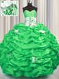 Sweet With Train Ball Gown Prom Dress Taffeta Brush Train Sleeveless Appliques and Sequins and Pick Ups