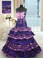 Dark Purple Sweet 16 Dresses Military Ball and Sweet 16 and Quinceanera and For with Appliques and Ruffled Layers and Bowknot Sweetheart Sleeveless Sweep Train Lace Up