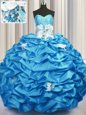 Trendy Aqua Blue Sleeveless With Train Appliques and Sequins and Pick Ups Lace Up Quinceanera Gown