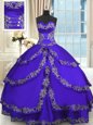 Floor Length Blue Quince Ball Gowns Taffeta Sleeveless Beading and Appliques and Ruffled Layers