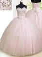 Classical Sleeveless Floor Length Beading and Appliques Lace Up Quince Ball Gowns with Baby Pink
