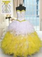 Yellow And White Lace Up Sweetheart Beading and Ruffles Sweet 16 Dresses Organza Sleeveless