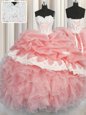 Watermelon Red and Baby Pink Ball Gowns Sweetheart Sleeveless Organza Floor Length Lace Up Appliques and Ruffles and Pick Ups Quinceanera Gowns