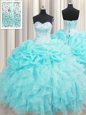 Visible Boning Organza Sweetheart Sleeveless Lace Up Beading and Ruffles and Pick Ups Quinceanera Dresses in Aqua Blue