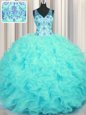 V Neck Floor Length Zipper 15th Birthday Dress Aqua Blue and In for Military Ball and Sweet 16 and Quinceanera with Beading and Appliques and Ruffles