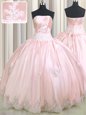Baby Pink Ball Gowns Strapless Sleeveless Taffeta Floor Length Lace Up Beading and Appliques 15 Quinceanera Dress