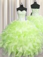 Graceful See Through Zipper Up Straps Sleeveless Ball Gown Prom Dress Floor Length Beading and Ruffles Turquoise Tulle