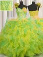 Gorgeous One Shoulder Handcrafted Flower Multi-color Lace Up Ball Gown Prom Dress Beading and Ruffles and Hand Made Flower Sleeveless Floor Length