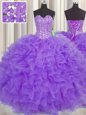 Lovely Visible Boning Sleeveless Organza Floor Length Lace Up Quince Ball Gowns in Purple for with Lace and Ruffles and Sashes|ribbons