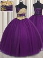 Elegant Purple Lace Up Sweetheart Beading and Appliques Ball Gown Prom Dress Tulle Sleeveless