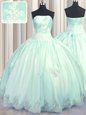 Sleeveless Floor Length Beading and Appliques Lace Up Quince Ball Gowns with Apple Green