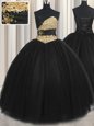 Tulle Sweetheart Sleeveless Lace Up Beading and Appliques and Ruching and Belt Quince Ball Gowns in Black
