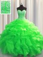 High End Visible Boning Beading and Ruffles Quinceanera Dresses Green Lace Up Sleeveless Floor Length