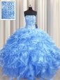 Gorgeous Visible Boning Baby Blue Organza Lace Up Quinceanera Gowns Sleeveless Floor Length Beading and Ruffles