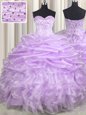 Extravagant Lavender Lace Up Sweetheart Beading and Ruffles and Pick Ups Quinceanera Gown Organza Sleeveless Brush Train