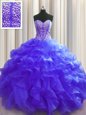 Dramatic Visible Boning Purple Sleeveless Organza Lace Up Sweet 16 Quinceanera Dress for Military Ball and Sweet 16 and Quinceanera