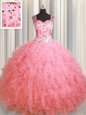 See Through Zipper Up Pink Sleeveless Floor Length Beading and Ruffles Zipper Quinceanera Gown