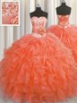 Super Handcrafted Flower Floor Length Red Sweet 16 Quinceanera Dress Organza Sleeveless Beading and Ruffles and Hand Made Flower