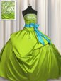 Sleeveless Floor Length Beading and Ruching and Bowknot Lace Up Quinceanera Gowns with Olive Green