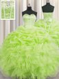 Visible Boning Yellow Green Sweetheart Lace Up Beading and Ruffles and Pick Ups Quinceanera Dresses Sleeveless