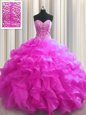 Beauteous Visible Boning Fuchsia Ball Gowns Sweetheart Sleeveless Organza Floor Length Lace Up Beading and Ruffles Sweet 16 Quinceanera Dress