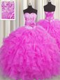 Handcrafted Flower Fuchsia Organza Lace Up 15th Birthday Dress Sleeveless Floor Length Beading and Ruffles and Hand Made Flower