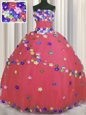 Trendy Floor Length Lace Up 15th Birthday Dress Coral Red and In for Military Ball and Sweet 16 and Quinceanera with Hand Made Flower