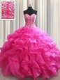 Excellent Visible Boning Hot Pink Organza Lace Up Sweet 16 Dress Sleeveless Floor Length Beading and Ruffles