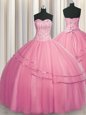 Customized Visible Boning Big Puffy Rose Pink Ball Gowns Tulle Sweetheart Sleeveless Beading Floor Length Lace Up Vestidos de Quinceanera