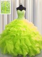 New Style Visible Boning Floor Length Lace Up Quinceanera Gown Yellow Green and In for Military Ball and Sweet 16 and Quinceanera with Beading and Ruffles