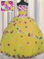 Inexpensive Sleeveless Tulle Floor Length Lace Up Quinceanera Dress in Gold for with Hand Made Flower