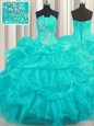 Sleeveless Organza Floor Length Lace Up Vestidos de Quinceanera in Aqua Blue for with Beading and Ruffled Layers and Pick Ups
