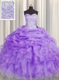 Customized Floor Length Lavender Sweet 16 Quinceanera Dress Organza Sleeveless Beading and Ruffles