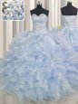 Light Blue Ball Gowns Beading and Ruffles Quince Ball Gowns Lace Up Organza Sleeveless Floor Length