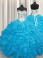 Top Selling Sweetheart Long Sleeves 15th Birthday Dress Floor Length Beading and Ruffles Aqua Blue Organza