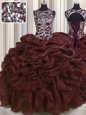 Glittering See Through Floor Length Lace Up 15 Quinceanera Dress Burgundy and In for Military Ball and Sweet 16 and Quinceanera with Beading and Pick Ups