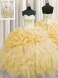 Perfect Visible Boning Organza Sweetheart Sleeveless Lace Up Beading and Ruffles Quince Ball Gowns in Gold